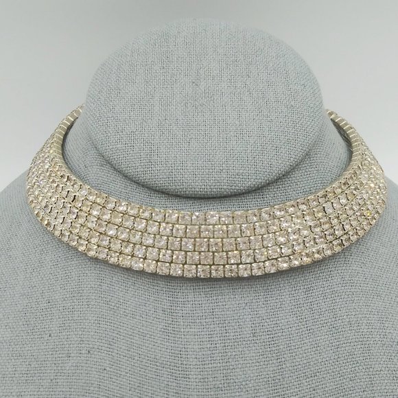 Five Row Thick Silver Tone Prong Set Rhinestone Choker Necklace 12” Plus - Picture 2 of 6